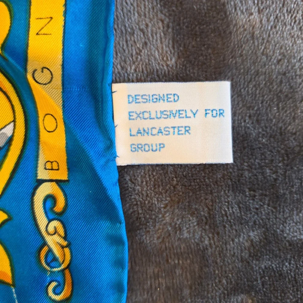 Vintage Lancaster Group Silk Scarf Perfume Bottle Print Blue Gold 34 Inch